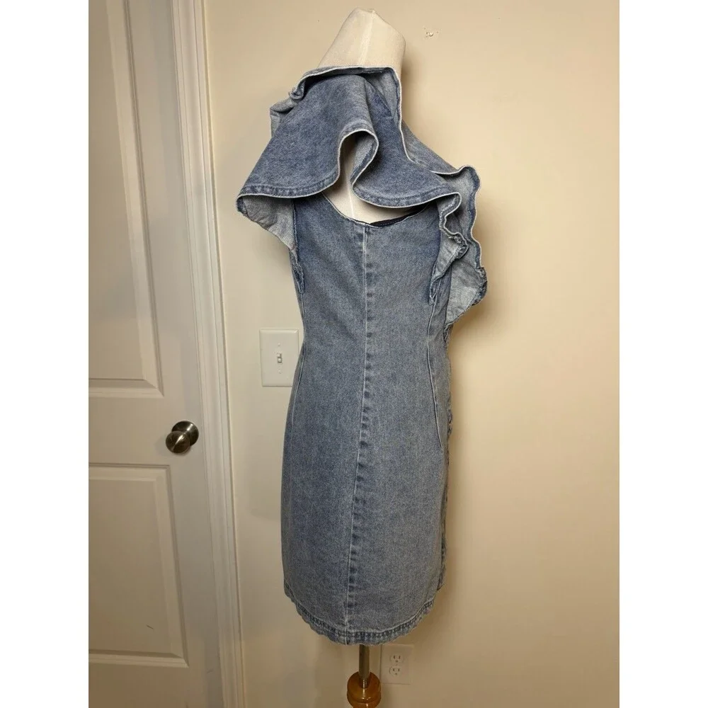 Avec Les Filles Women's Blue Denim Snap-Front Ruffle Western Dress Size Medium